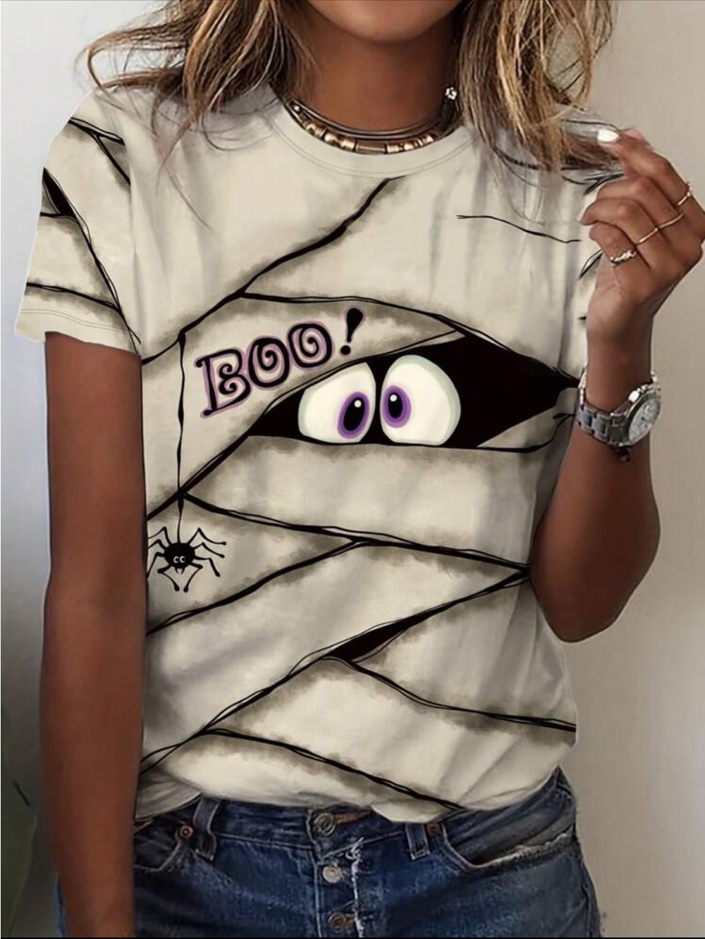 SHEIN Halloween Cream 'Boo!' Mummy Peek Short Sleeve Tee